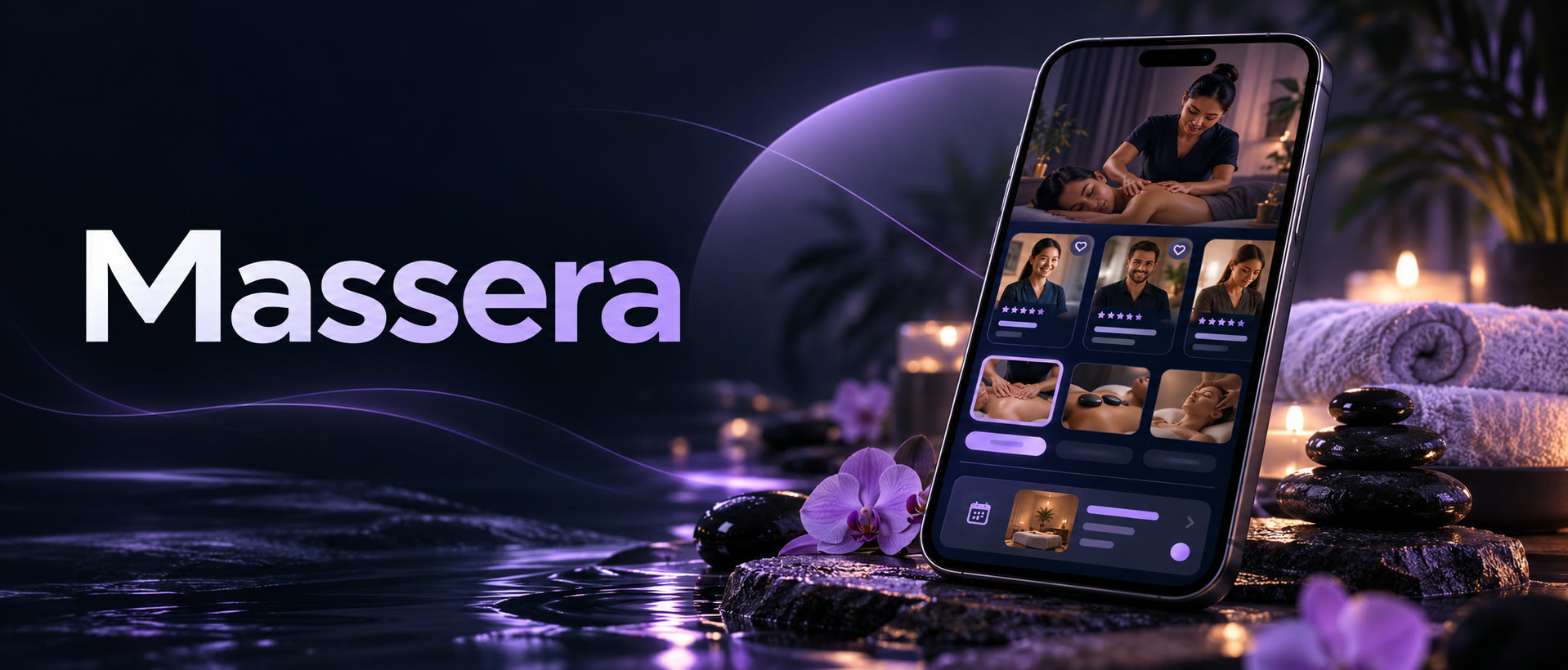 Massera banner with a wellness booking app interface