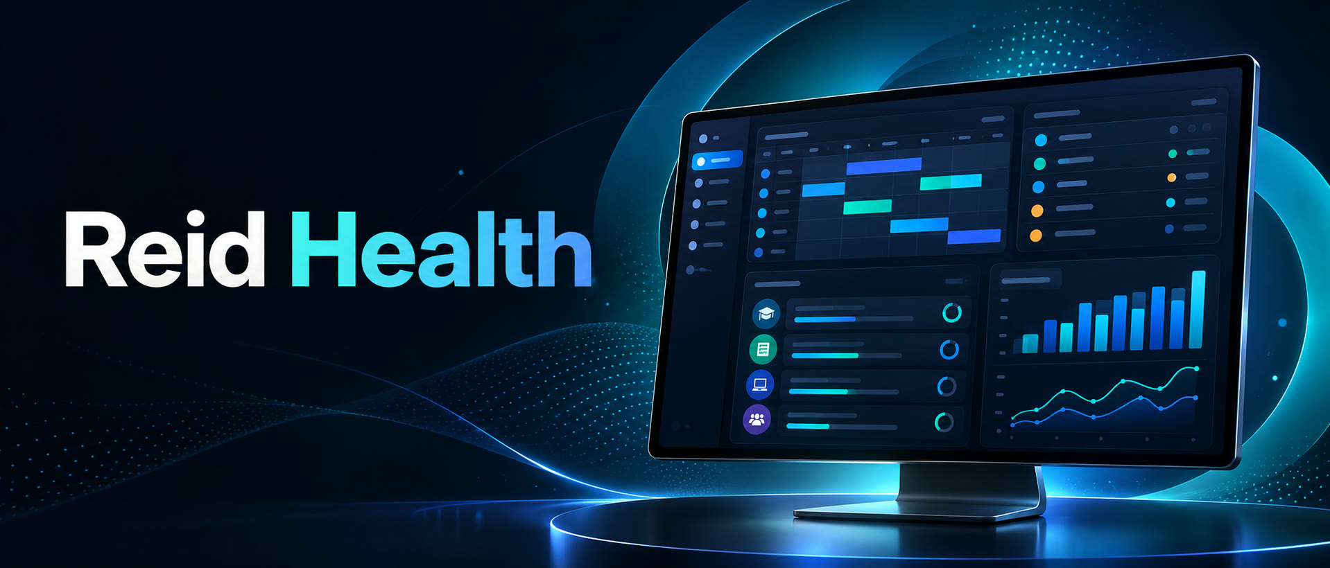Illustrative Reid Health banner with a generic care operations dashboard and no patient information